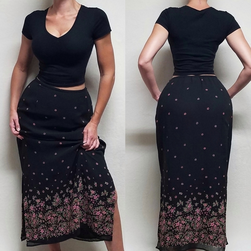 Vintage 90s Kathie Lee Grunge Black Pink Floral Crepe Side Slit Midi Skirt 12